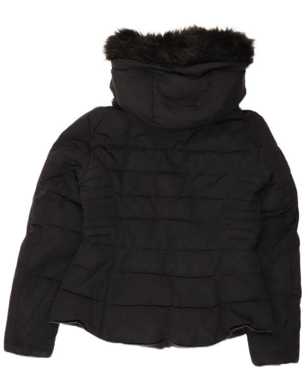 Zara Damen Crop Hooded Wattierte Jacke UK 16 Large Schwarz Polyester