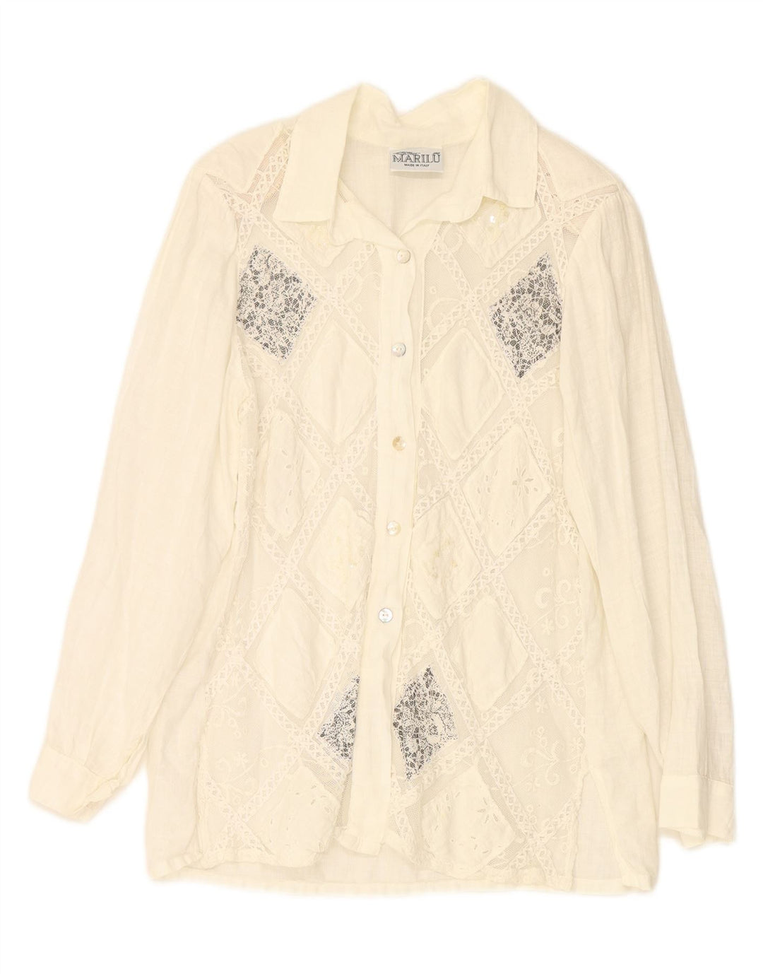 MARILU Womens See Through Shirt Blouse UK 14 Medium White Argyle/Diamond