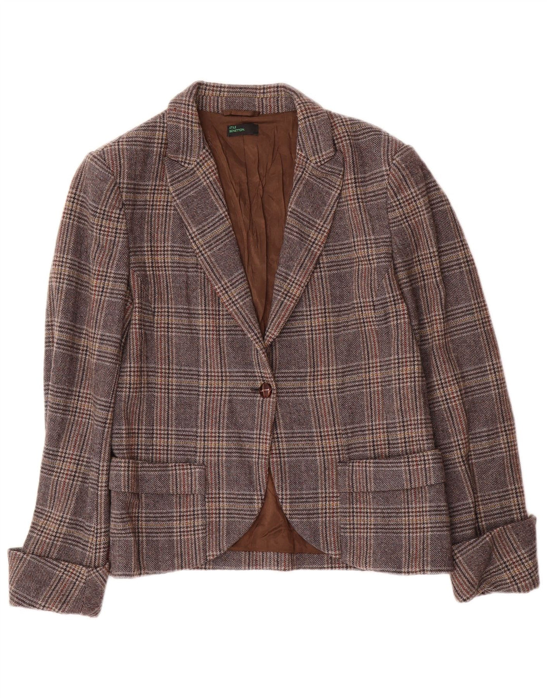 BENETTON Womens 1 Button Blazer Jacket IT 46 Large Grey Houndstooth
