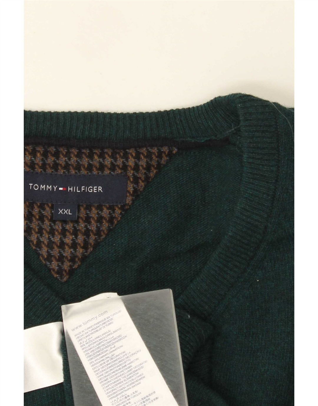 Tommy Hilfiger Mens V-Neck Jumper Sweater 2XL Green Wool