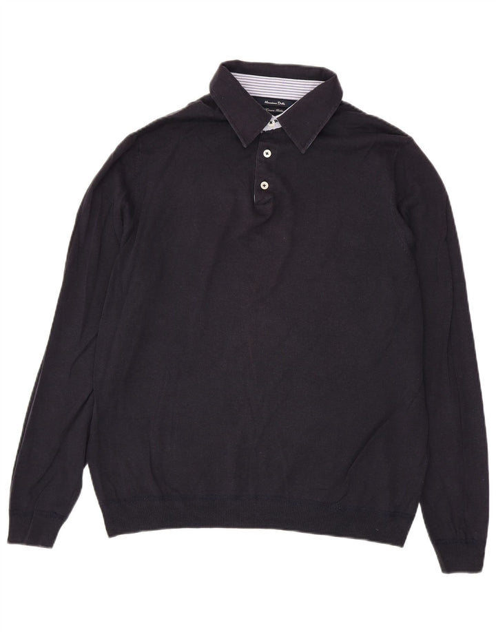 Massimo Dutti Mens Polo Neck Jumper Sweater Large Navy Blue Linen