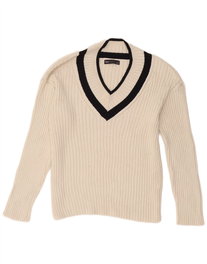 Marks & Spencer Womens V-Neck Jumper Sweater UK 14 Medium White Colourblock