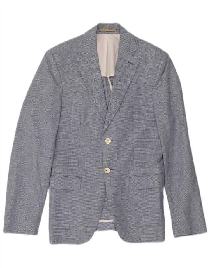 Zara Mens 2 Button Blazer Jacket EU 46 Small Blue Houndstooth Linen