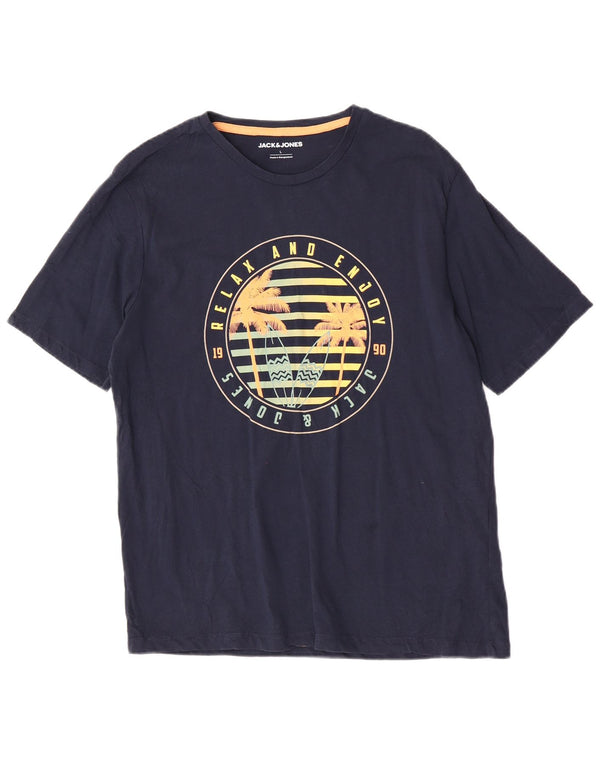Jack & Jones Mens Graphic T-Shirt Top Large Navy Blue Cotton