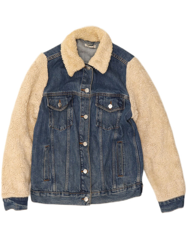 Topshop Womens Loose Fit Faux Fur Denim Jacket UK 6 XS Blue Colourblock