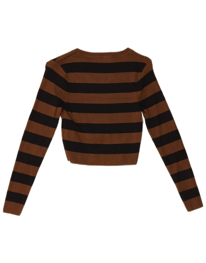 Zara Womens Crop Top Long Sleeve UK 12 Medium Brown Striped Viscose