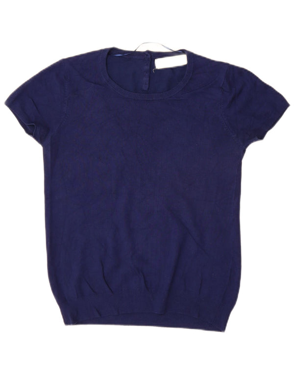 Zara Womens Short Sleeve Crew Neck Jumper Sweater UK 12 Medium Navy Blue