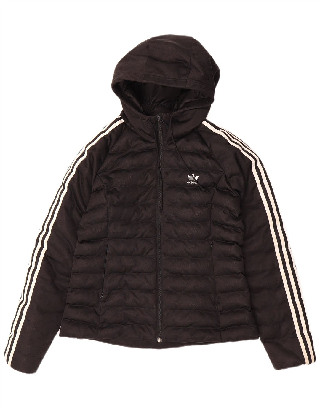 ADIDAS Womens Hooded Padded Jacket UK 14 Medium Black Polyester Logo