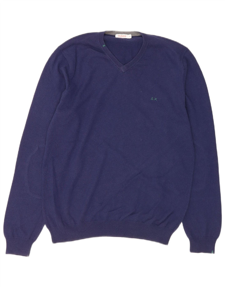 SUN68 Mens V-Neck Jumper Sweater Medium Blue Wool