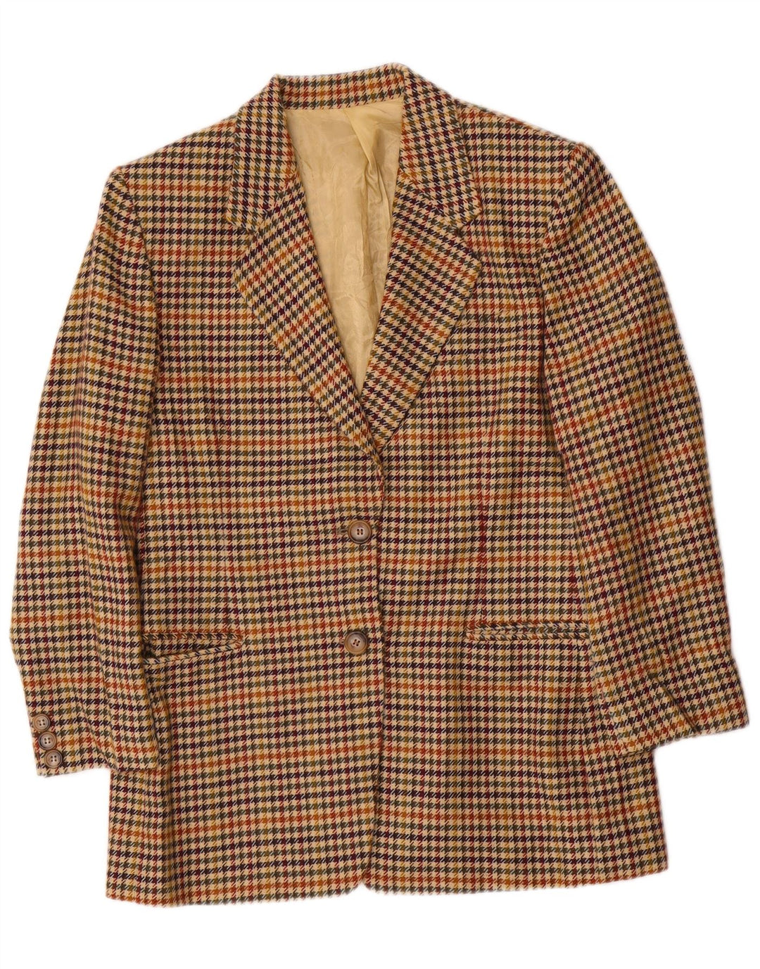 Vintage Womens 2 Button Blazer Jacket UK 12 Medium Beige Houndstooth Wool