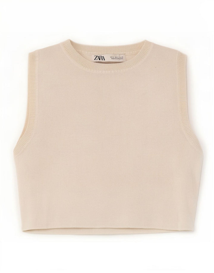 Zara Femmes Crop Débardeur UK 12 Moyen Blanc Viscose