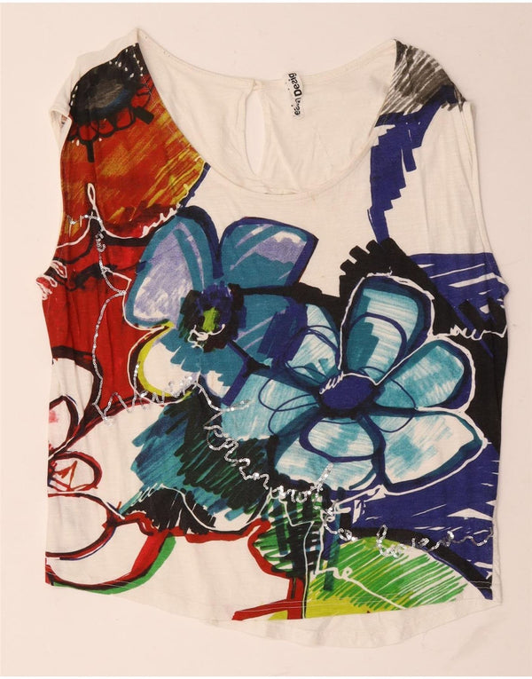 Desigual Womens Graphic Vest Top UK 18 XL White Floral Cotton