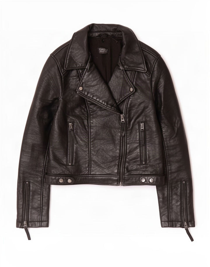 Topshop Womens Leather Biker Jacket UK 12 Medium Black