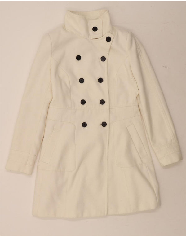 ZARA Damen Zweireihiger Mantel UK 14 Large Weiß Polyester