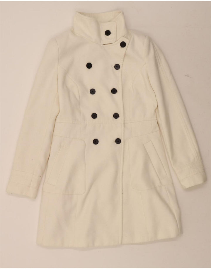 ZARA Damen Zweireihiger Mantel UK 14 Large Weiß Polyester
