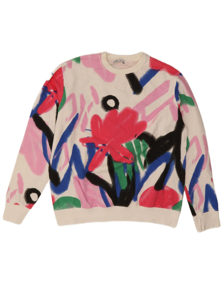 Zara Womens Graphic Oversized Sweatshirt Jumper UK 14 Medium White Floral