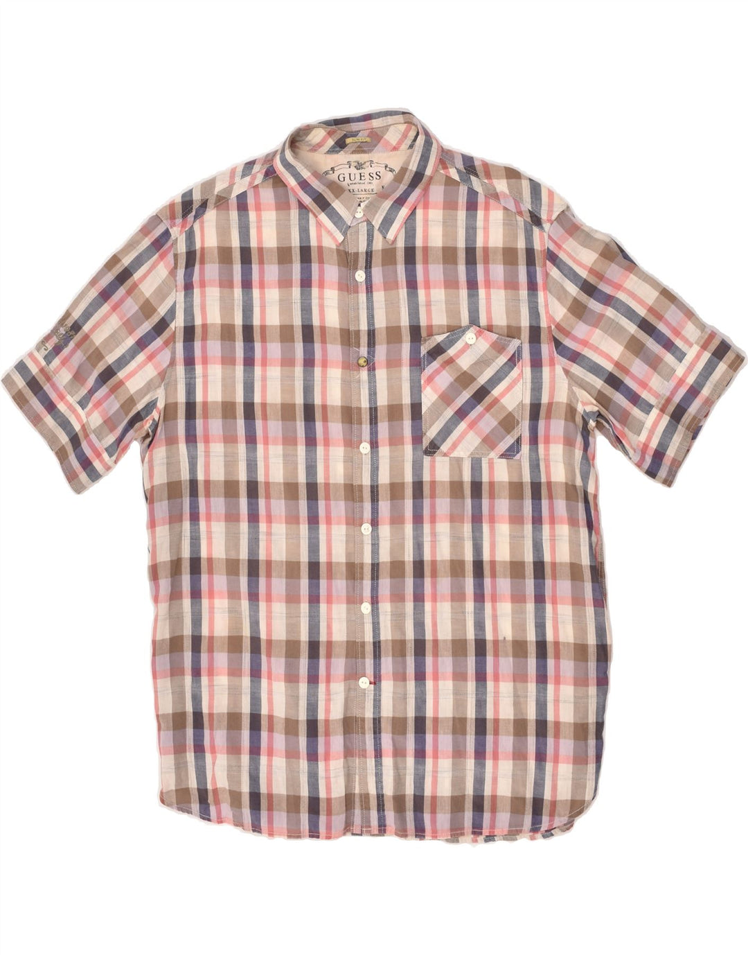 GUESS Mens Slim Fit Short Sleeve Shirt 2XL Beige Check Cotton | Vintage Guess | Thrift | Second-Hand Guess | Used Clothing | Messina Hembry 