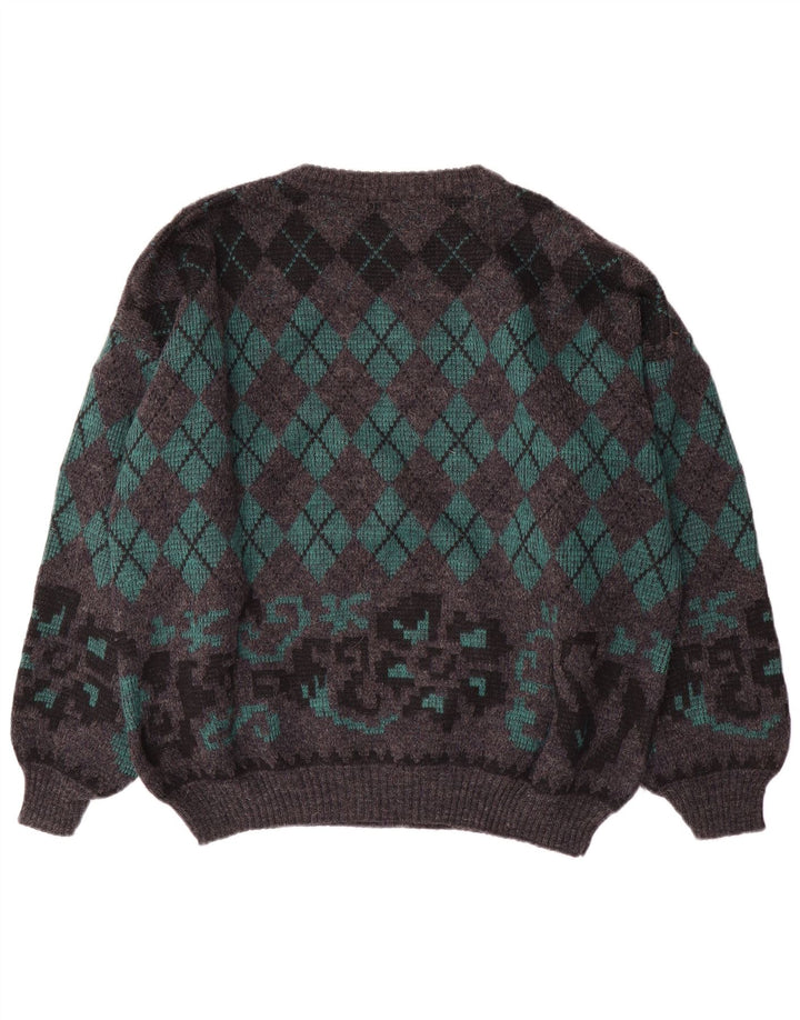 Gala Mens Boat Neck Jumper Sweater XL Grey Argyle/Diamond Wool