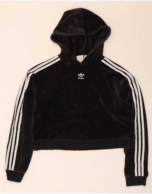 Adidas Damen Übergroßer Crop Velvet Hoodie Pullover UK 4 XS Schwarze Baumwolle