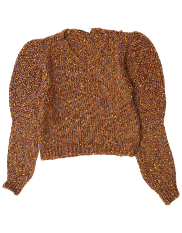 Zara Damen-Pullover mit V-Ausschnitt, UK 14, mittelbraun geflecktes Acryl