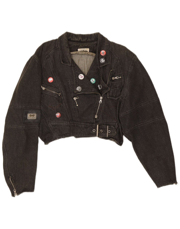 Jaqueta jeans feminina vintage de grandes dimensões para motociclista Reino Unido 14 algodão preto médio