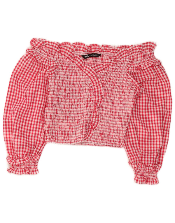 Zara Womens Crop 3/4 ærme off Shoulder Top UK 4 XS Red Gingham Polyester