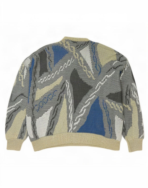 Vintage herre abstrakt mønster rund hals sweater stor flerfarvet