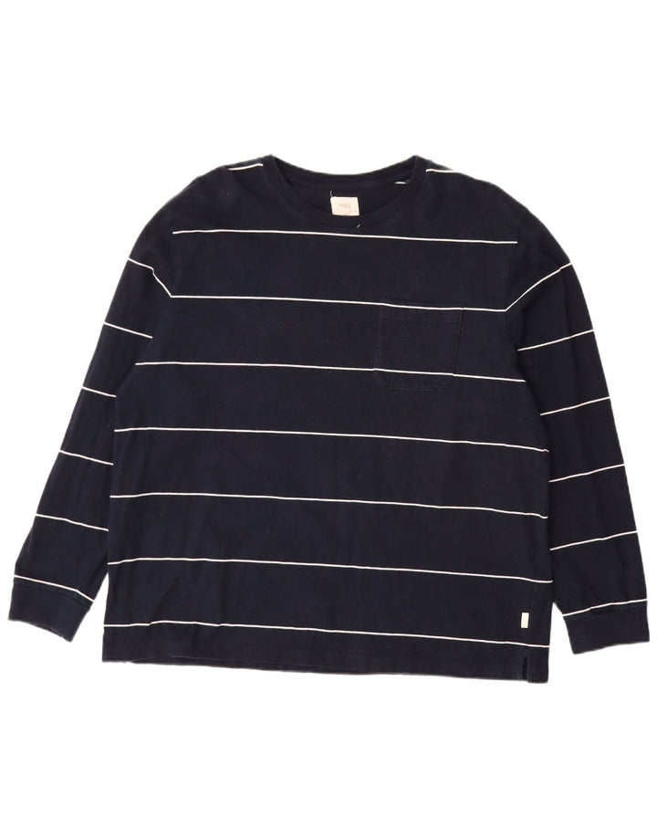 MARKS & SPENCER Mens Top Long Sleeve 2XL Navy Blue Striped Cotton