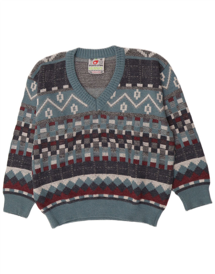 Vintage Mens V-Neck Jumper Sweater Large Blue Geometric Wool