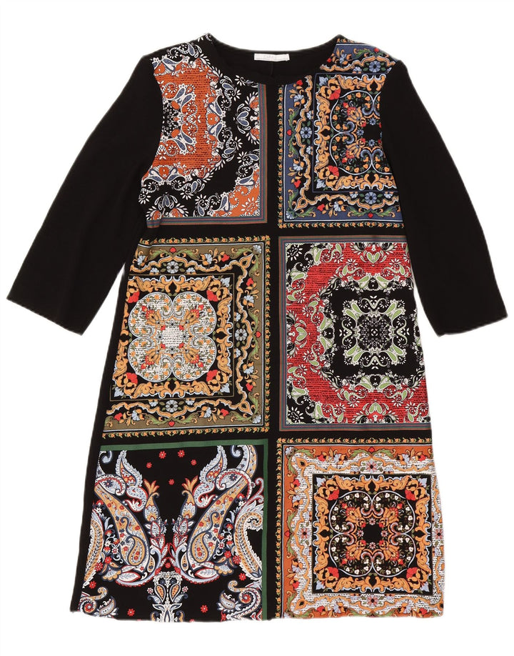 Zara Damen 3/4-Ärmel-Kaftan-Kleid UK 12 Medium Schwarz Patchwork