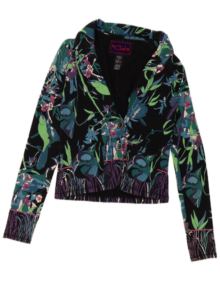 Custo Barcelona Womens 2 Button Blazer Jacket Size 3 XS Black Floral Cotton