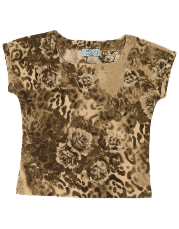 Vintage Damen Grafik T-Shirt Top UK 12 Medium Khaki Floral Polyester