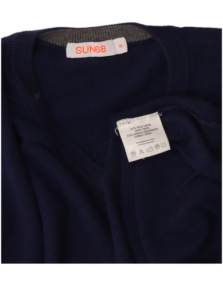 SUN68 Mens V-Neck Jumper Sweater Medium Blue Wool