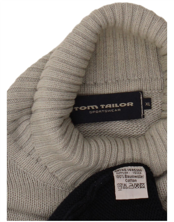 TOM TAILOR Mens Roll Neck Jumper Sweater XL Grey Fair Isle Cotton