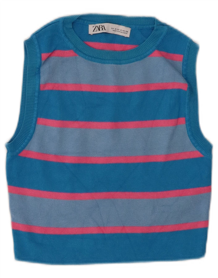 Zara Womens Crop Vest Top UK 12 Medium Blue Striped Viscose