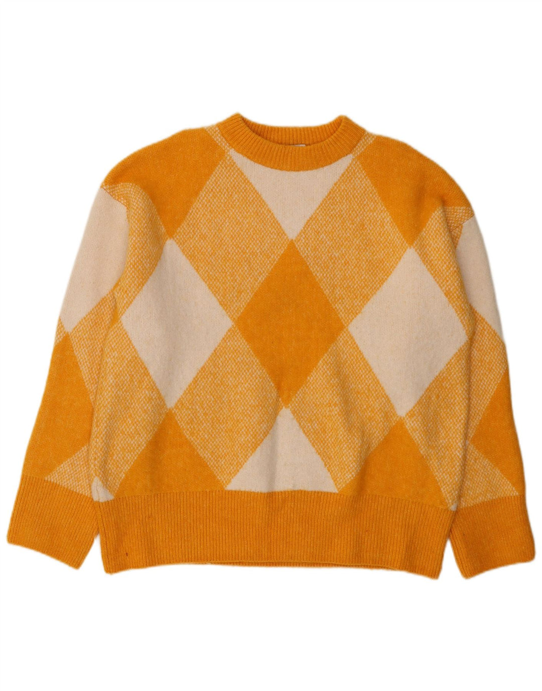 Zara Womens Crew Neck Jumper Sweater UK 14 Medium Yellow Argyle/Diamond