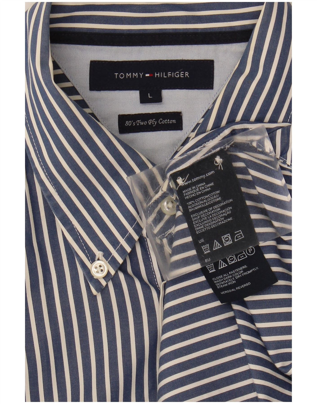 TOMMY HILFIGER Mens Shirt Large Navy Blue Striped Cotton