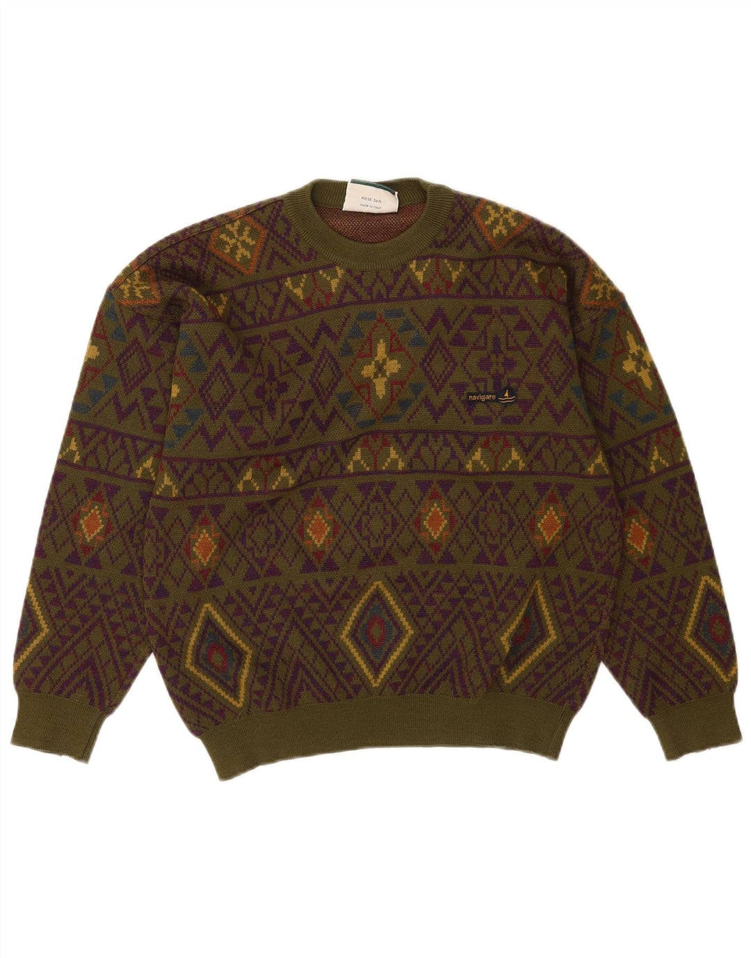 Navigare Mens Crew Neck Jumper Sweater Medium Khaki Geometric Wool