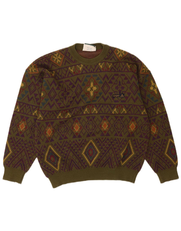 Maglione maglione girocollo da uomo Navigare, lana geometrica kaki media