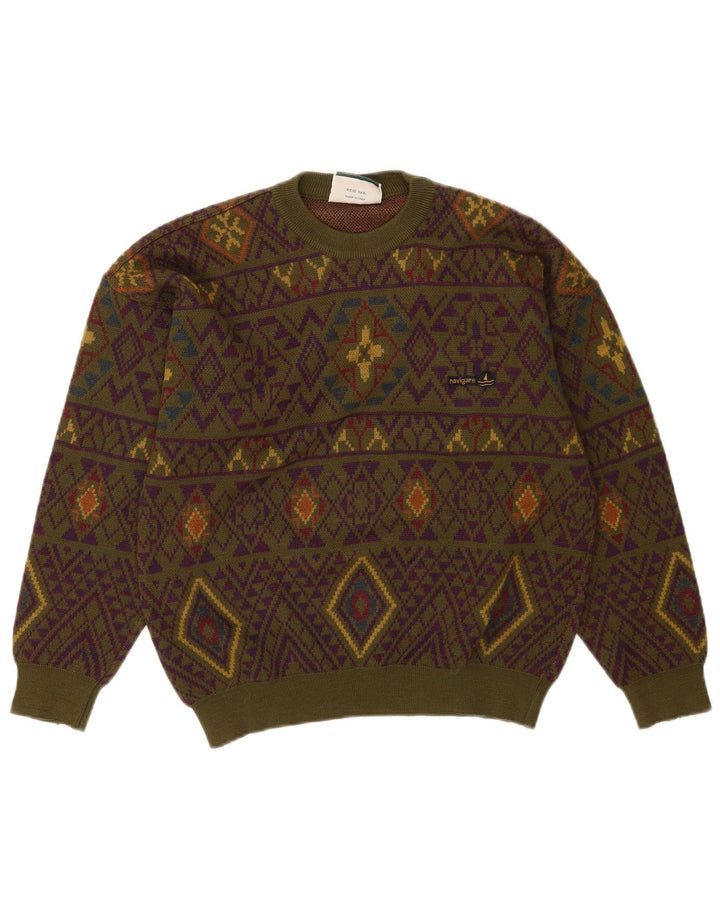 Navigare Mens Crew Neck Jumper Sweater Medium Khaki Geometric Wool