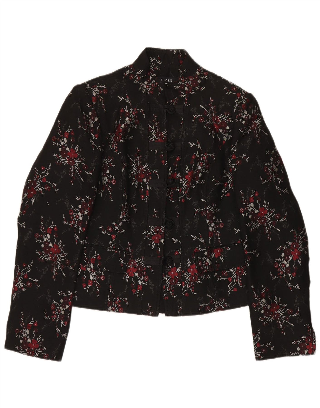 Vintage Womens 5 Button Blazer Jacket UK 14 Large Black Floral Acetate