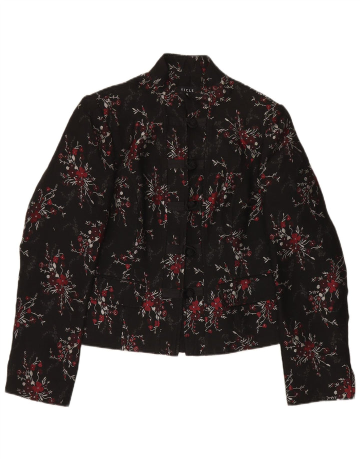 Vintage Womens 5 Button Blazer Jacket UK 14 Large Black Floral Acetate