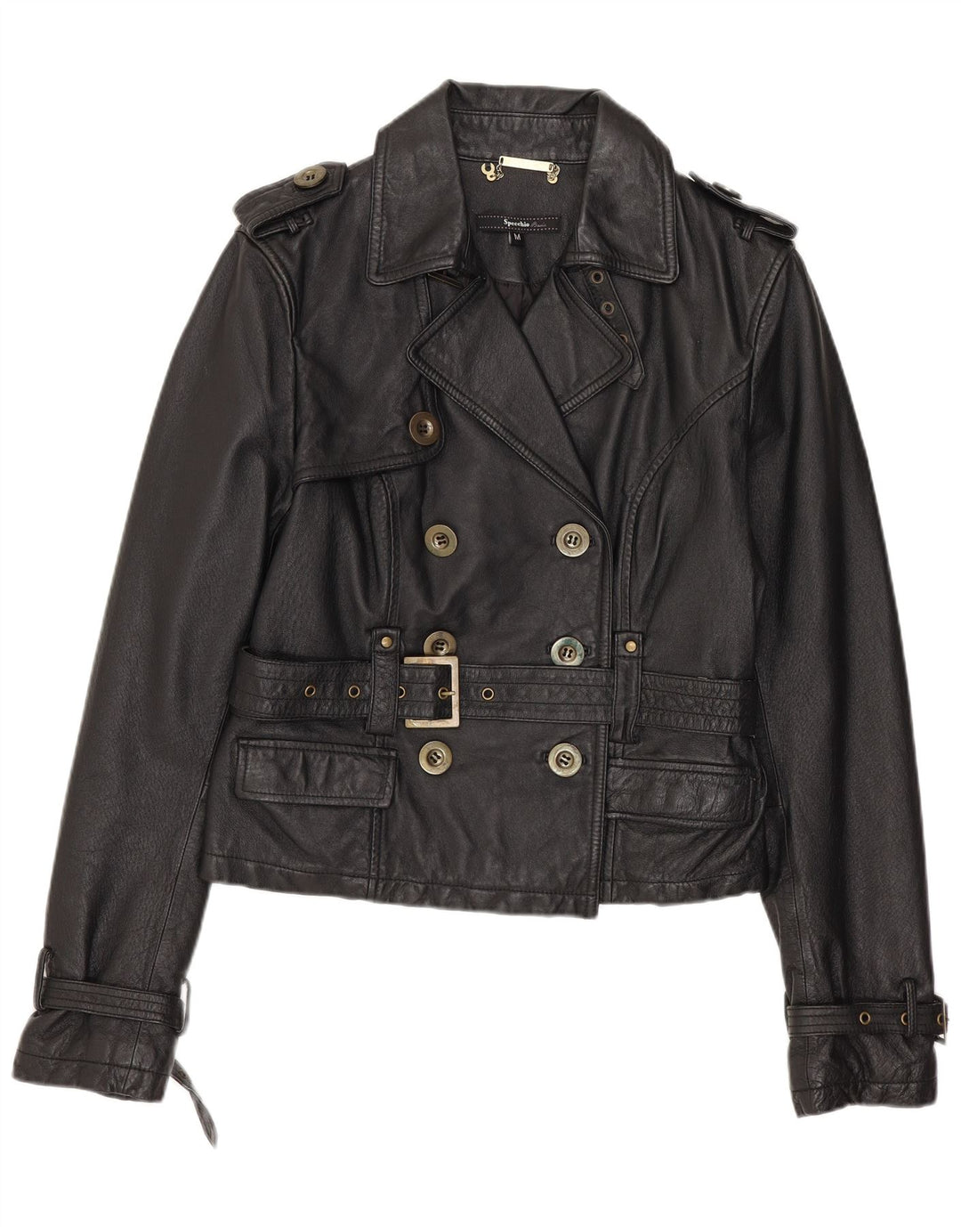 SPECCHIO Womens Crop Military Leather Jacket UK 12 Medium Black Leather
