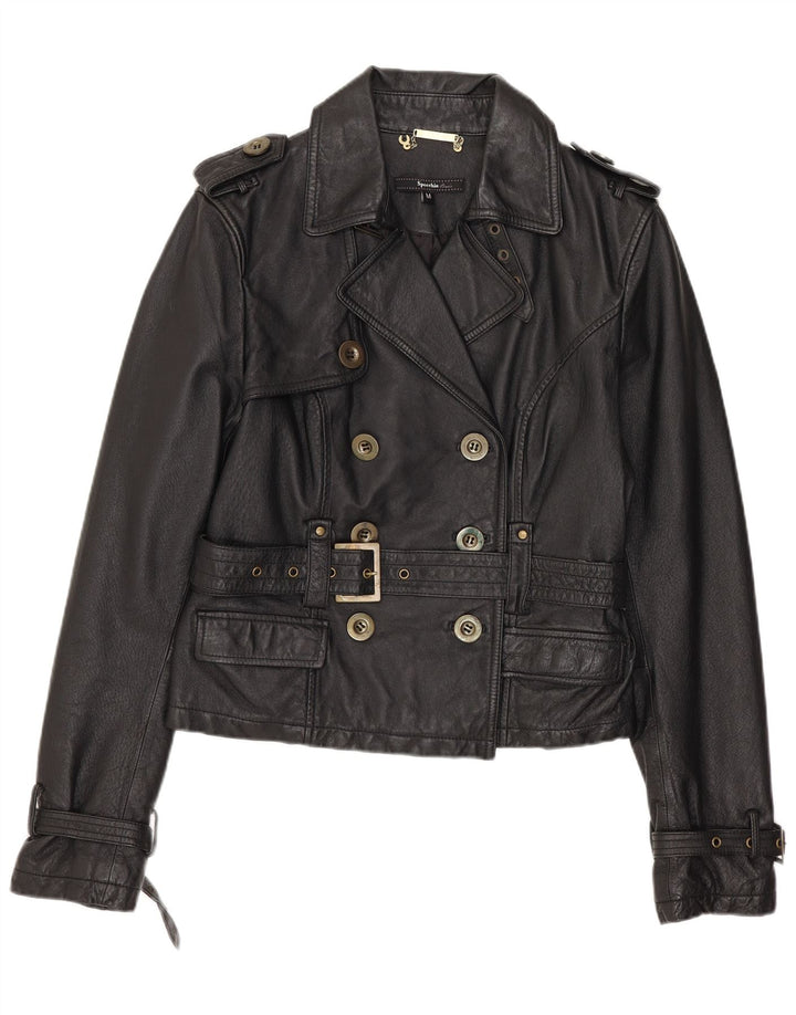 SPECCHIO Womens Crop Military Leather Jacket UK 12 Medium Black Leather