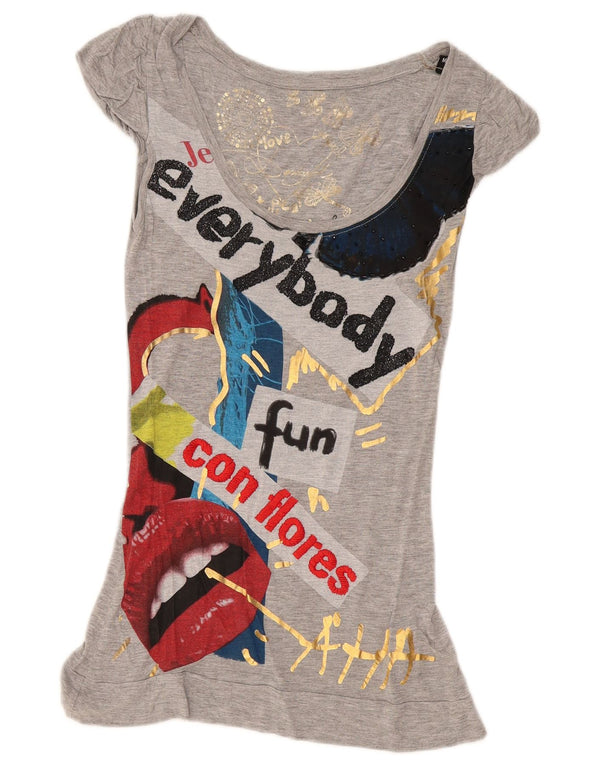 Desigual Tunique Graphique Femme UK 12 Gris Moyen Viscose
