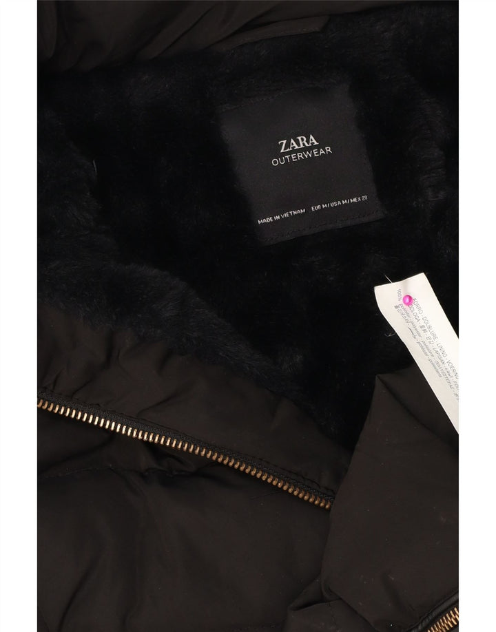 Zara Womens Hooded Padded Coat UK 14 Medium Black Polyester