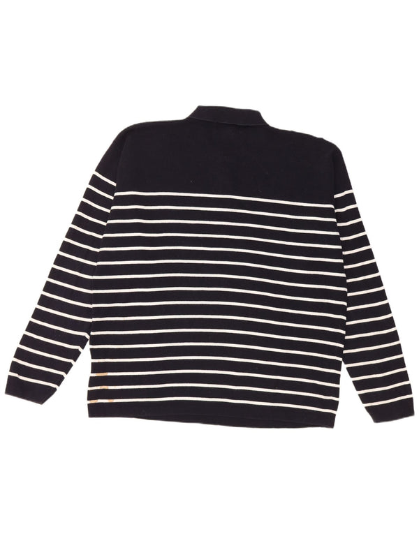 Vintage muški pulover s polo izrezom XL, tamnoplavi pamuk na pruge