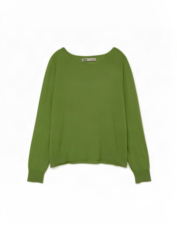 Zara Damen-Pullover mit U-Boot-Ausschnitt, übergroß, Gr. 10, Größe S, grüne Viskose