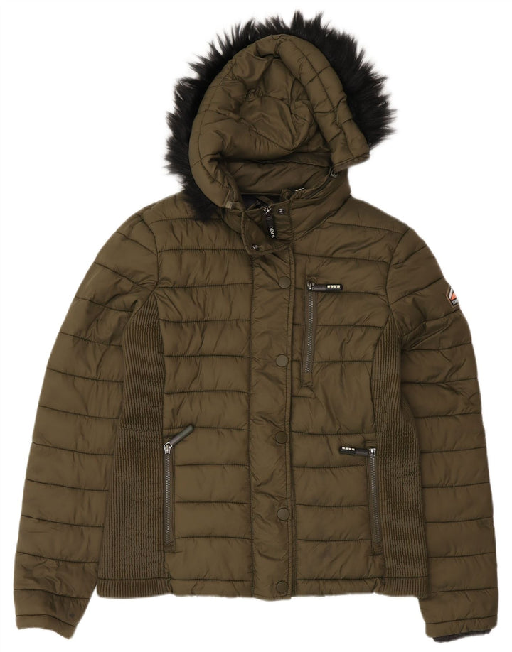 Superdry Womens Hooded Padded Jacket UK 14 Large Green Nylon