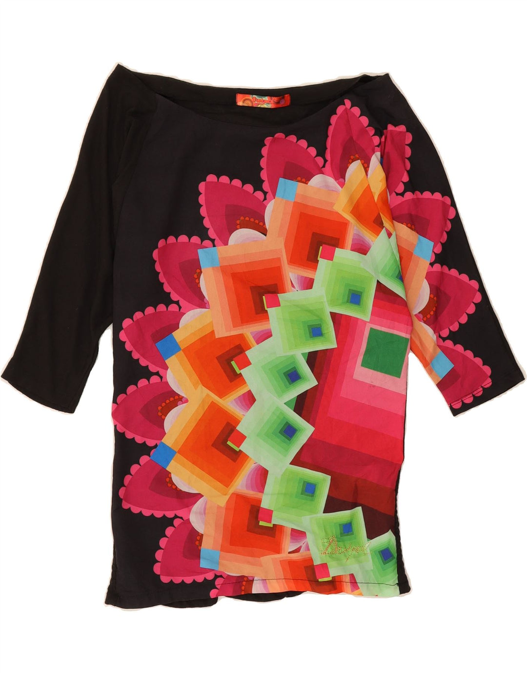 DESIGUAL Womens Oversized Off Shoulder Top UK 6 XS Black Geometric Vintage Desigual and Second-Hand Desigual from Messina Hembry 